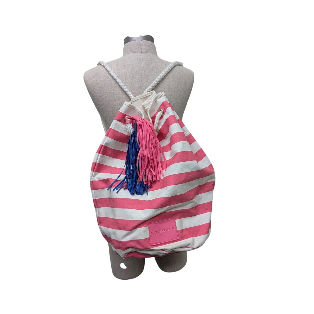 Victoria's Secret Pink White Striped Canvas Rope Drawstring Backpack Tassels